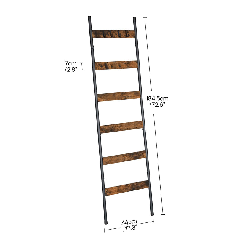 HOOBRO Blanket Ladder, 5-Tier Towel Rack with Hooks, Wall-Leaning Blanket Rack, Decorative Display Ladder Shelf, for Scarves, Industrial, Living Room, Bedroom, Rustic Brown and Black BF52CJ01