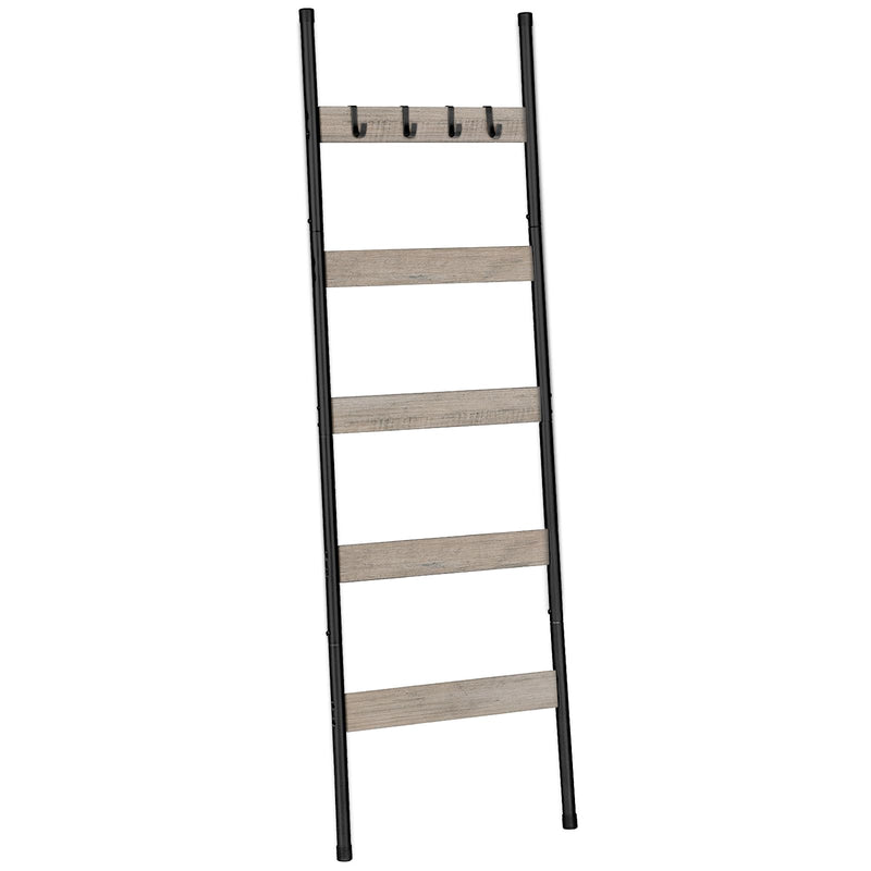 HOOBRO Blanket Ladder, 5-Tier Towel Rack with Hooks, Wall-Leaning Blanket Rack, Decorative Display Ladder Shelf, for Scarves, Industrial, Living Room, Bedroom, Rustic Brown and Black BF52CJ01