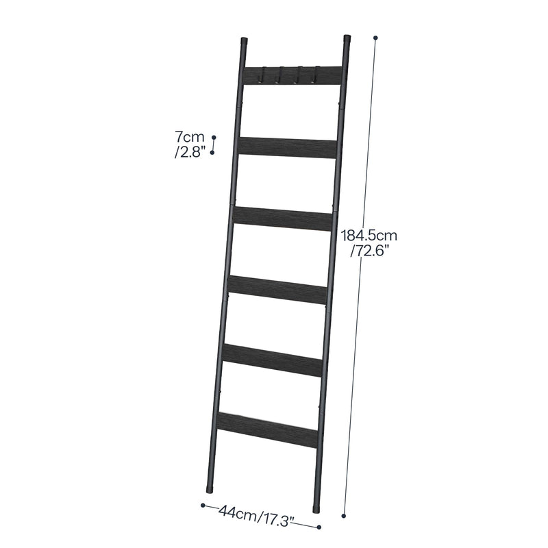 HOOBRO Blanket Ladder, 5-Tier Towel Rack with Hooks, Wall-Leaning Blanket Rack, Decorative Display Ladder Shelf, for Scarves, Industrial, Living Room, Bedroom, Rustic Brown and Black BF52CJ01