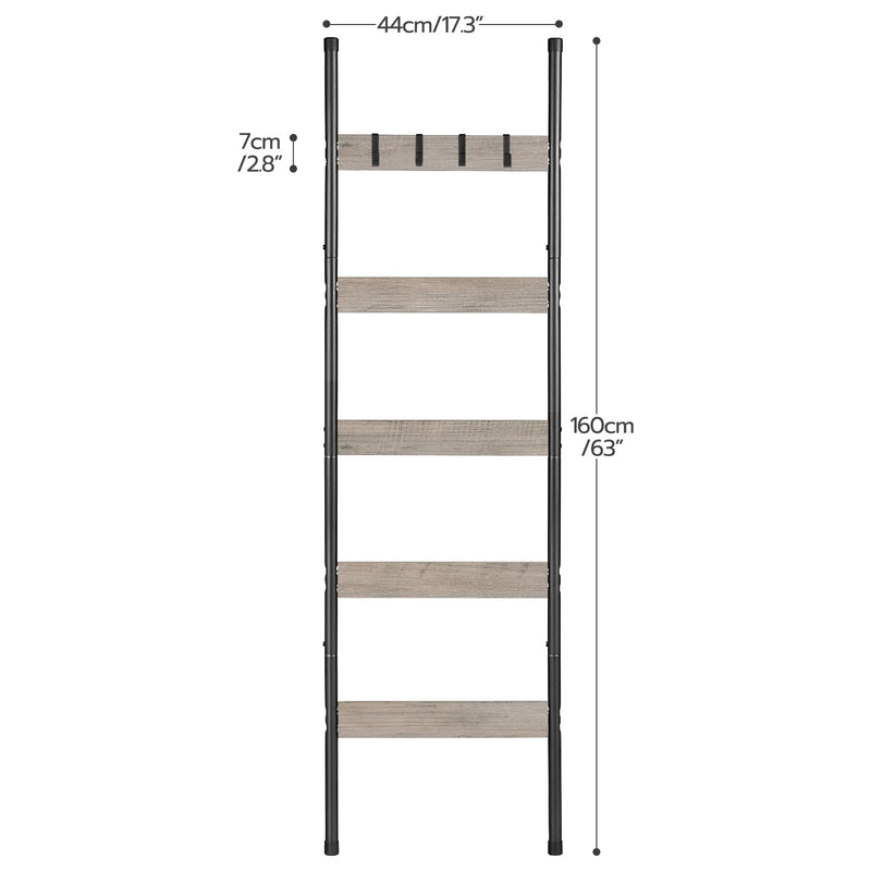 HOOBRO Blanket Ladder, 5-Tier Towel Rack with Hooks, Wall-Leaning Blanket Rack, Decorative Display Ladder Shelf, for Scarves, Industrial, Living Room, Bedroom, Rustic Brown and Black BF52CJ01