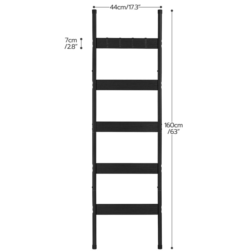 HOOBRO Blanket Ladder, 5-Tier Towel Rack with Hooks, Wall-Leaning Blanket Rack, Decorative Display Ladder Shelf, for Scarves, Industrial, Living Room, Bedroom, Rustic Brown and Black BF52CJ01