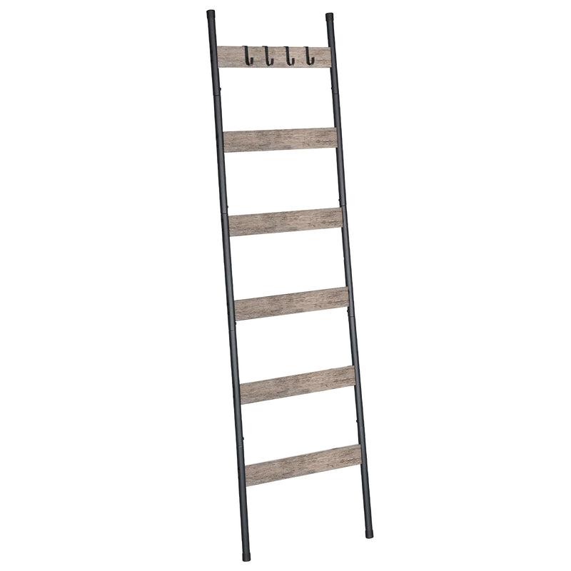 HOOBRO Blanket Ladder, 5-Tier Towel Rack with Hooks, Wall-Leaning Blanket Rack, Decorative Display Ladder Shelf, for Scarves, Industrial, Living Room, Bedroom, Rustic Brown and Black BF52CJ01