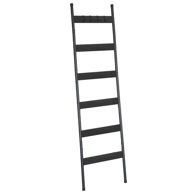 HOOBRO Blanket Ladder, 5-Tier Towel Rack with Hooks, Wall-Leaning Blanket Rack, Decorative Display Ladder Shelf, for Scarves, Industrial, Living Room, Bedroom, Rustic Brown and Black BF52CJ01