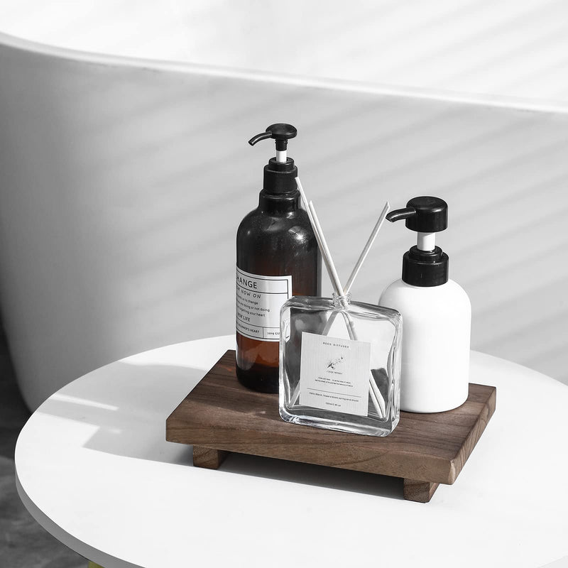 Small Wood Tray Pedestal Stand Farmhouse Bathroom Decor Decorative Wooden Riser Kitchen Soap Dish Holder for Vanity, Counter, Sink, Brown