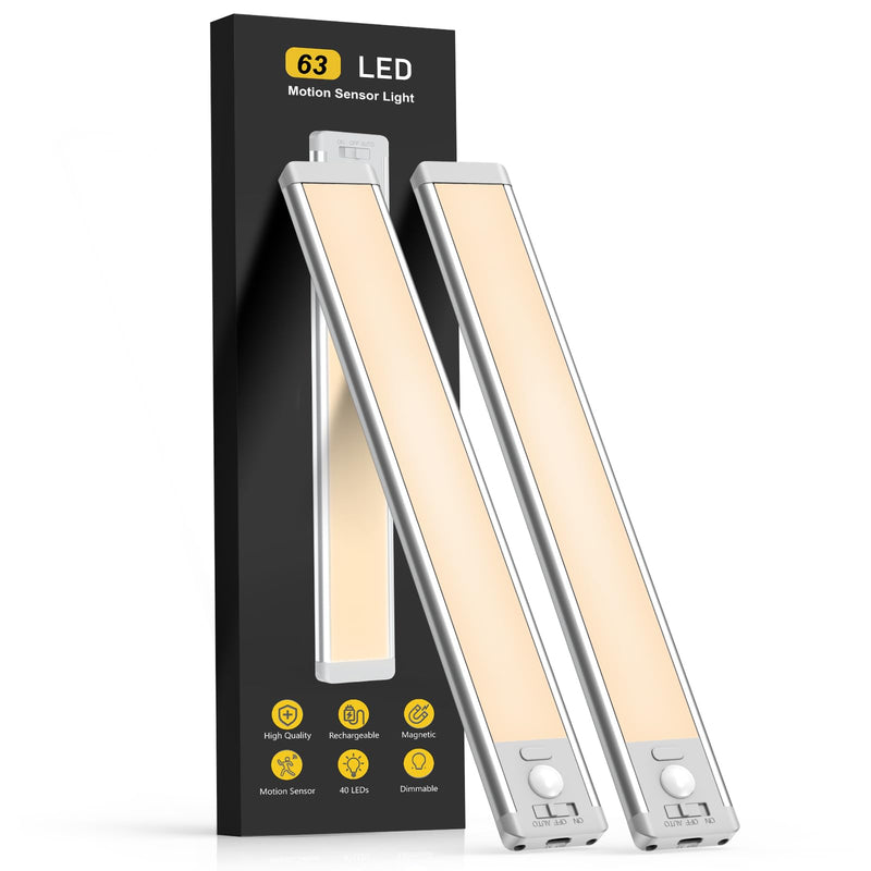 10inch Under Cabinet Lighting, 2 Pack Rechargeable Motion Sensor Light Indoor, 5 Levels Dimmable Magnetic Closet Lights, Wireless Under Counter Lights for Kitchen, Stairs