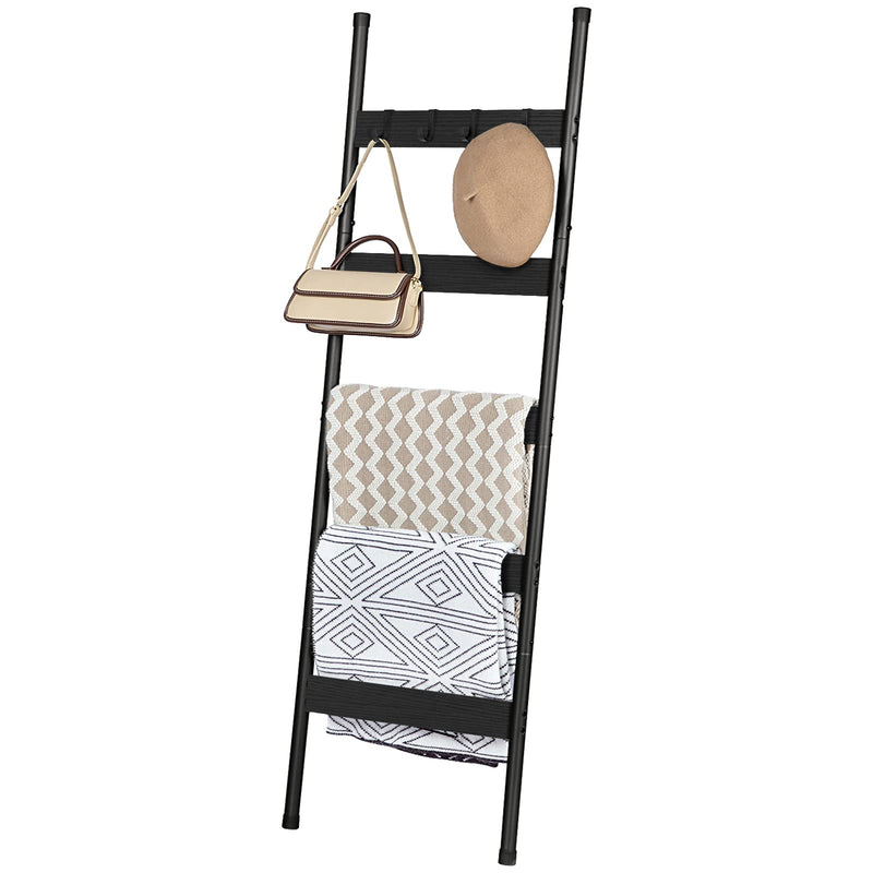HOOBRO Blanket Ladder, 5-Tier Towel Rack with Hooks, Wall-Leaning Blanket Rack, Decorative Display Ladder Shelf, for Scarves, Industrial, Living Room, Bedroom, Rustic Brown and Black BF52CJ01