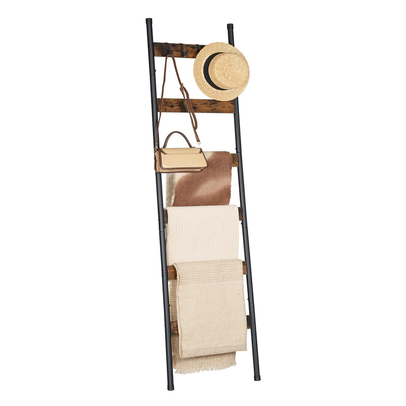 HOOBRO Blanket Ladder, 5-Tier Towel Rack with Hooks, Wall-Leaning Blanket Rack, Decorative Display Ladder Shelf, for Scarves, Industrial, Living Room, Bedroom, Rustic Brown and Black BF52CJ01