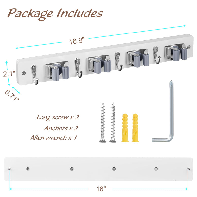 Mop and Broom Holder Wall Mount - Rustic Wood Broom Mop Hanger - Wall Mounted Garden Tool Rack Organizer for Closet Garage Laundry Room Kitchen Decor With 4 Slots & 4 Hooks