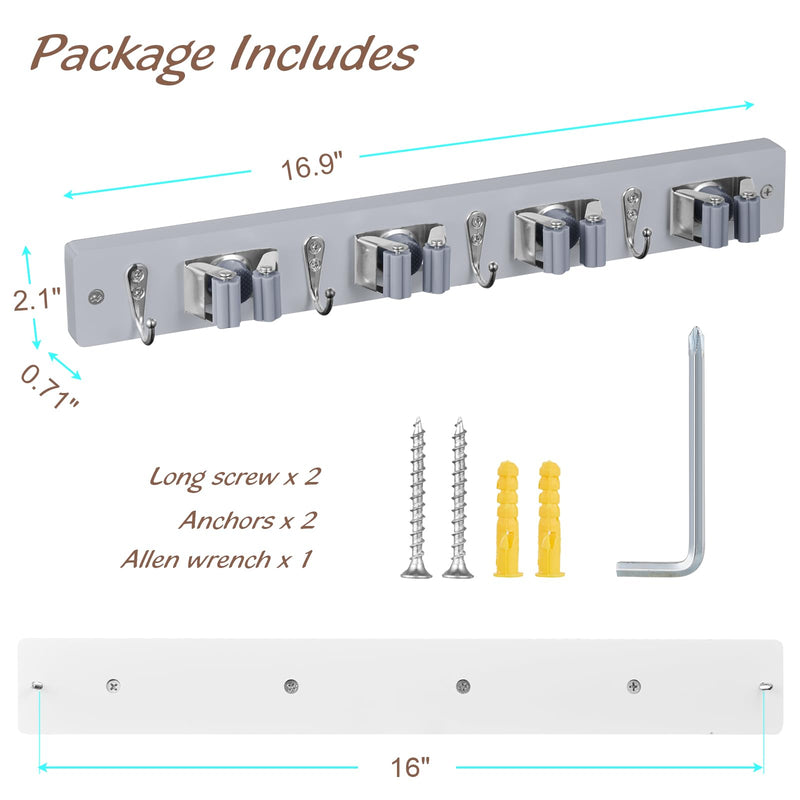 Mop and Broom Holder Wall Mount - Rustic Wood Broom Mop Hanger - Wall Mounted Garden Tool Rack Organizer for Closet Garage Laundry Room Kitchen Decor With 4 Slots & 4 Hooks