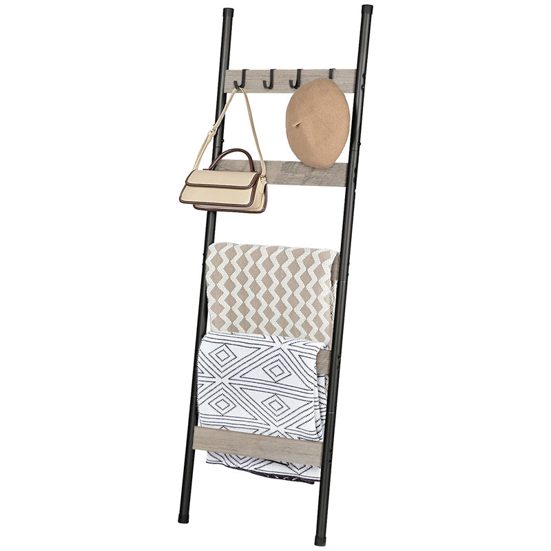 HOOBRO Blanket Ladder, 5-Tier Towel Rack with Hooks, Wall-Leaning Blanket Rack, Decorative Display Ladder Shelf, for Scarves, Industrial, Living Room, Bedroom, Rustic Brown and Black BF52CJ01