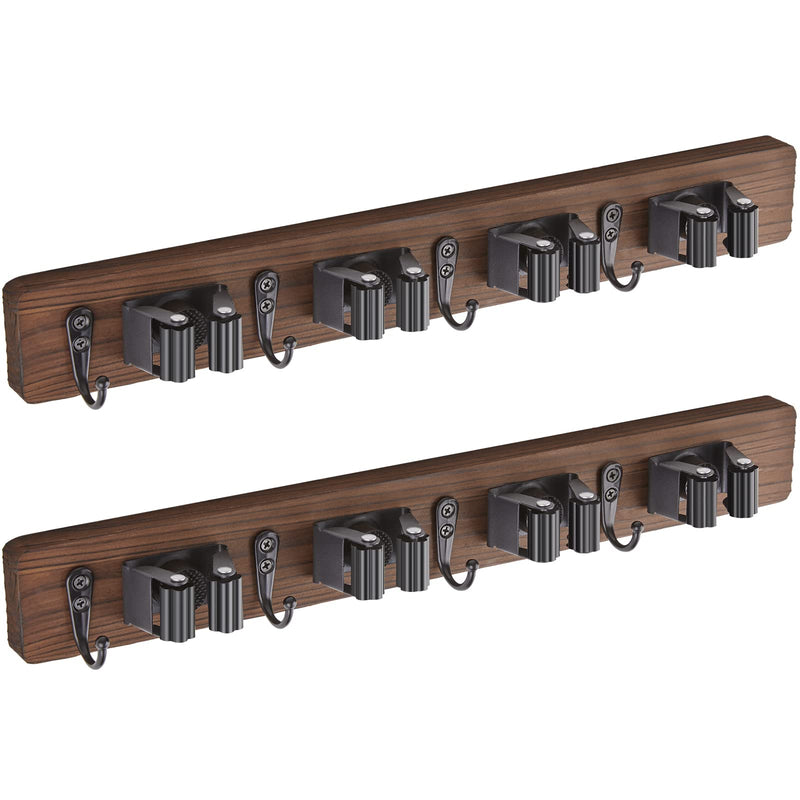 Mop and Broom Holder Wall Mount - Rustic Wood Broom Mop Hanger - Wall Mounted Garden Tool Rack Organizer for Closet Garage Laundry Room Kitchen Decor With 4 Slots & 4 Hooks