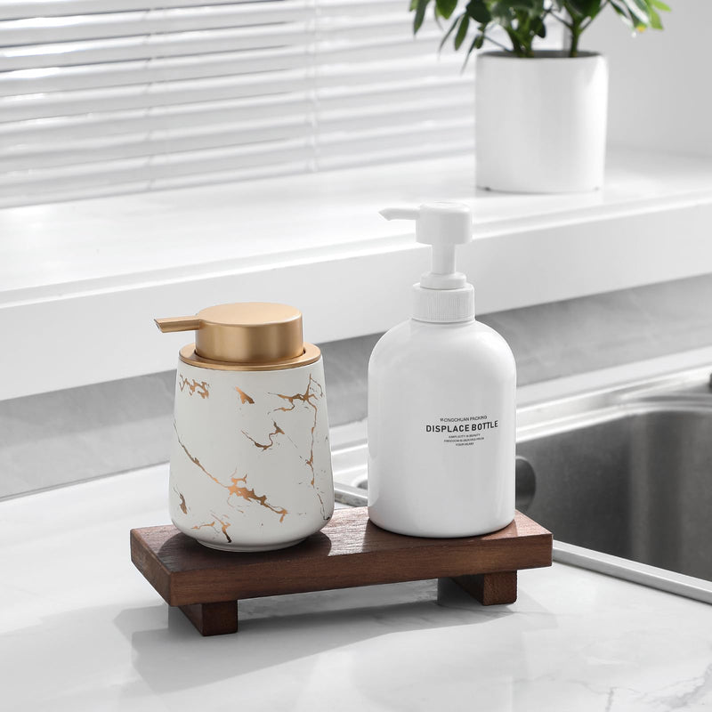 Small Wood Tray Pedestal Stand Farmhouse Bathroom Decor Decorative Wooden Riser Kitchen Soap Dish Holder for Vanity, Counter, Sink, Brown