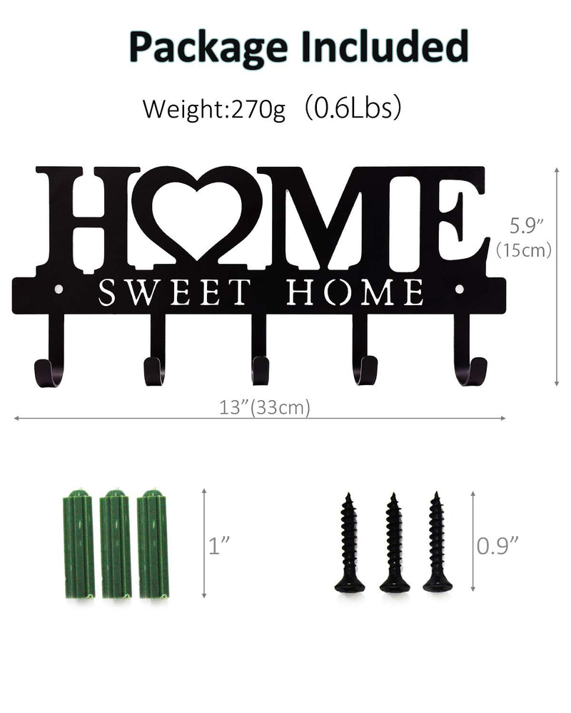 WIPHANY Key Holder Hooks Organizer Hanger Rack Wall Mounted with Screws and Anchors Home Sweet Home Wall Metal Decor for Entryway Front Door Kitchen Hallway Garage Mudroom Office 9.8inches/25cm