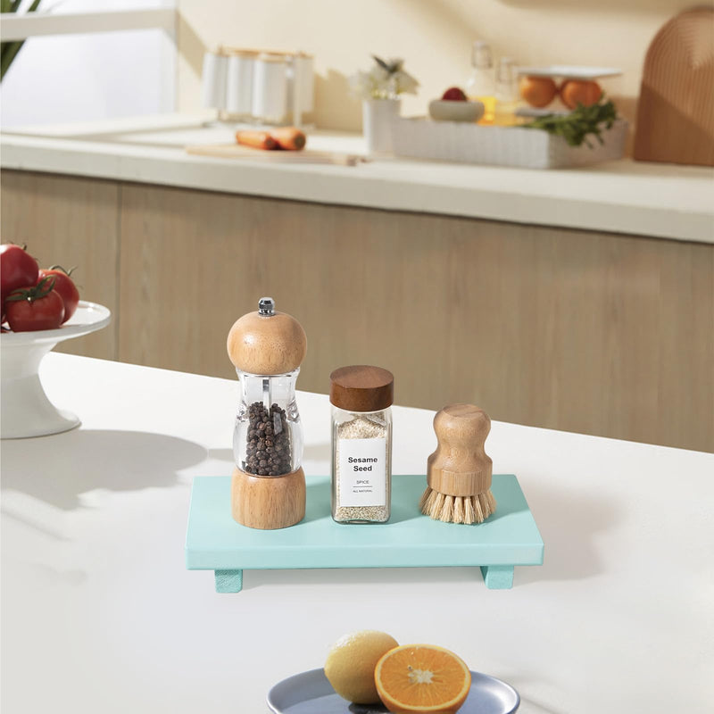Small Wood Tray Pedestal Stand Farmhouse Bathroom Decor Decorative Wooden Riser Kitchen Soap Dish Holder for Vanity, Counter, Sink, Brown