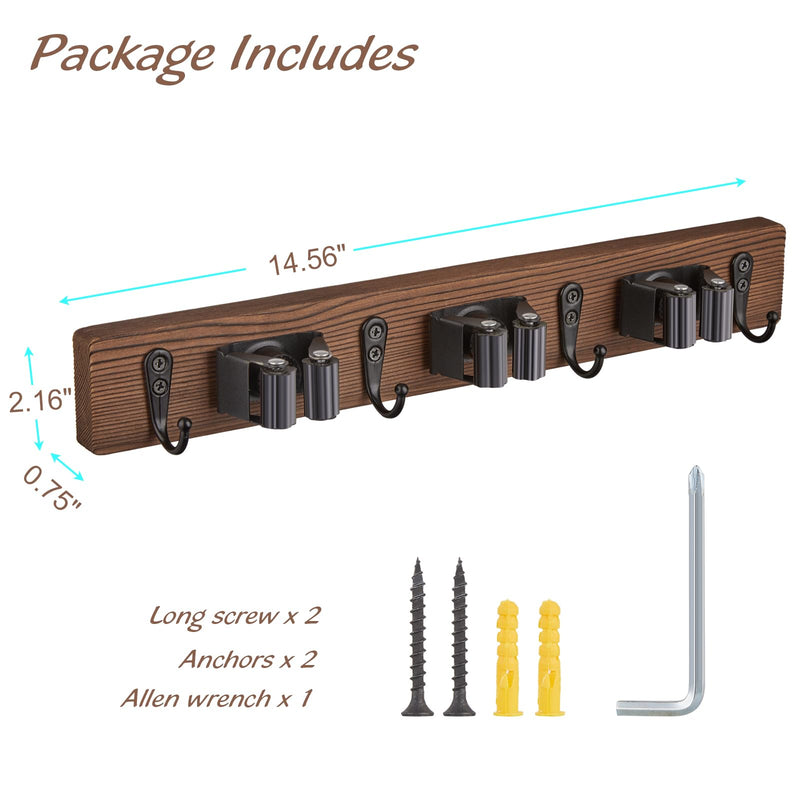 Mop and Broom Holder Wall Mount - Rustic Wood Broom Mop Hanger - Wall Mounted Garden Tool Rack Organizer for Closet Garage Laundry Room Kitchen Decor With 4 Slots & 4 Hooks