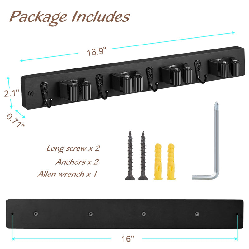 Mop and Broom Holder Wall Mount - Rustic Wood Broom Mop Hanger - Wall Mounted Garden Tool Rack Organizer for Closet Garage Laundry Room Kitchen Decor With 4 Slots & 4 Hooks