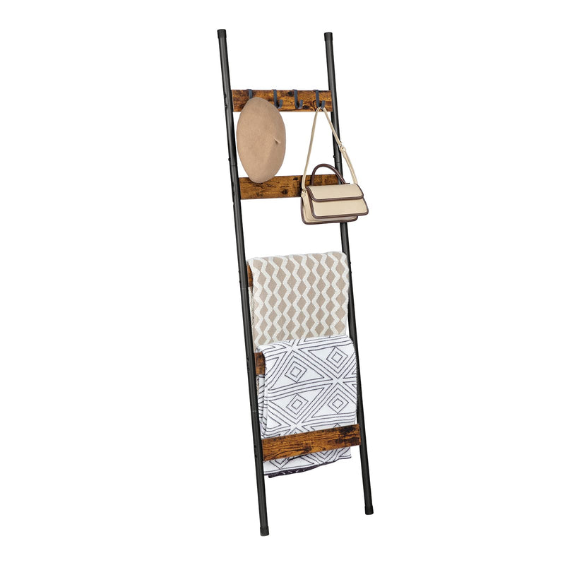 HOOBRO Blanket Ladder, 5-Tier Towel Rack with Hooks, Wall-Leaning Blanket Rack, Decorative Display Ladder Shelf, for Scarves, Industrial, Living Room, Bedroom, Rustic Brown and Black BF52CJ01