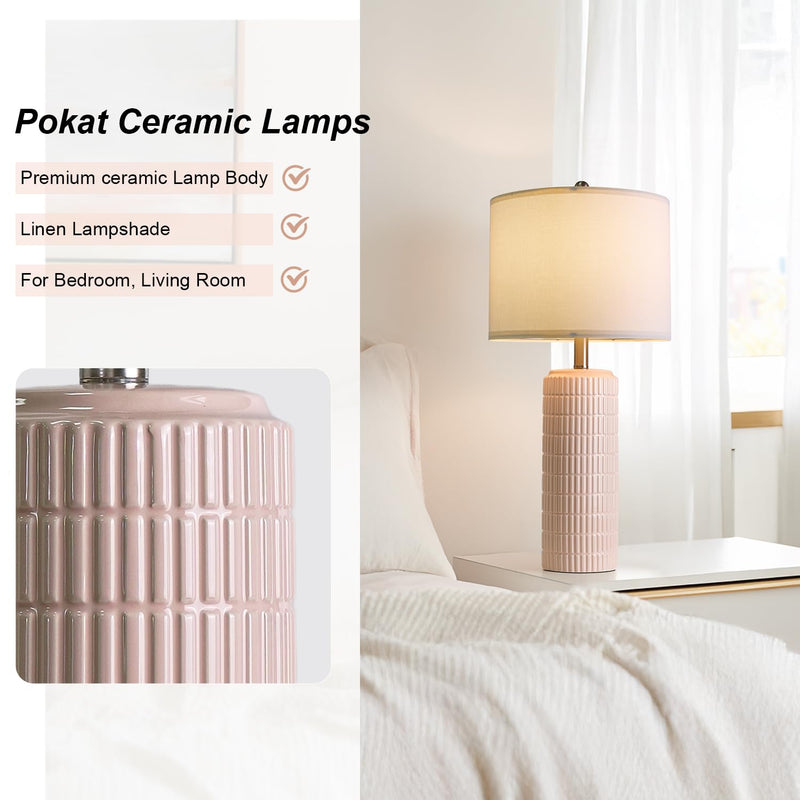 PoKat 23" Modern Ceramic Table Lamp Set of 2 for Living Room White Desk Lamps for Bedroom Farmhouse Bedside Nightstand Bedside Lamp End Table Lamps Beige