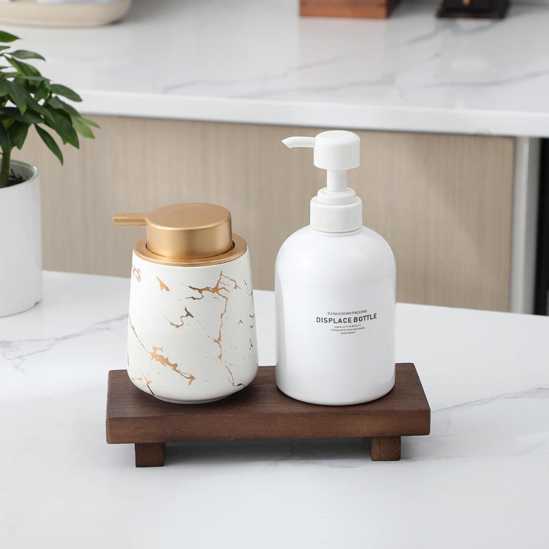Small Wood Tray Pedestal Stand Farmhouse Bathroom Decor Decorative Wooden Riser Kitchen Soap Dish Holder for Vanity, Counter, Sink, Brown