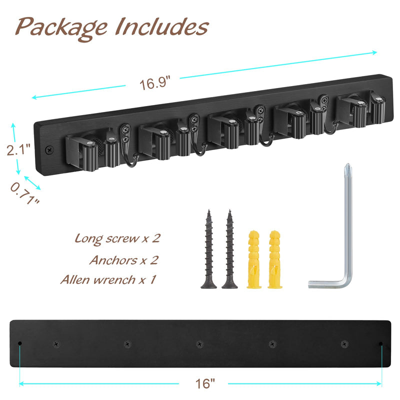Mop and Broom Holder Wall Mount - Rustic Wood Broom Mop Hanger - Wall Mounted Garden Tool Rack Organizer for Closet Garage Laundry Room Kitchen Decor With 4 Slots & 4 Hooks