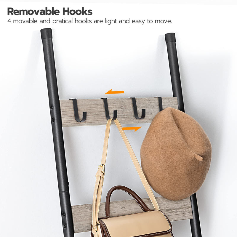 HOOBRO Blanket Ladder, 5-Tier Towel Rack with Hooks, Wall-Leaning Blanket Rack, Decorative Display Ladder Shelf, for Scarves, Industrial, Living Room, Bedroom, Rustic Brown and Black BF52CJ01