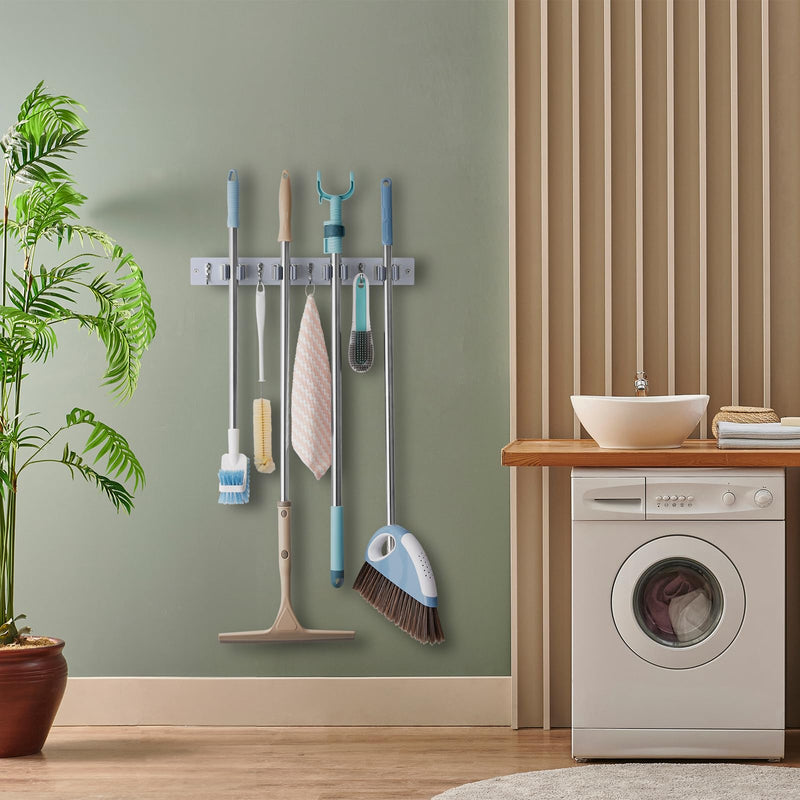 Mop and Broom Holder Wall Mount - Rustic Wood Broom Mop Hanger - Wall Mounted Garden Tool Rack Organizer for Closet Garage Laundry Room Kitchen Decor With 4 Slots & 4 Hooks