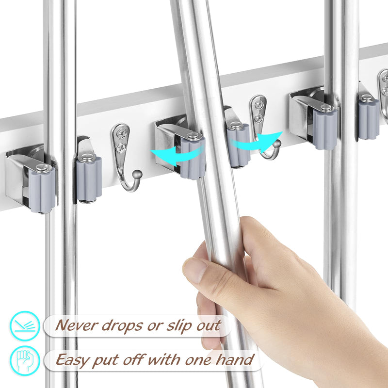 Mop and Broom Holder Wall Mount - Rustic Wood Broom Mop Hanger - Wall Mounted Garden Tool Rack Organizer for Closet Garage Laundry Room Kitchen Decor With 4 Slots & 4 Hooks