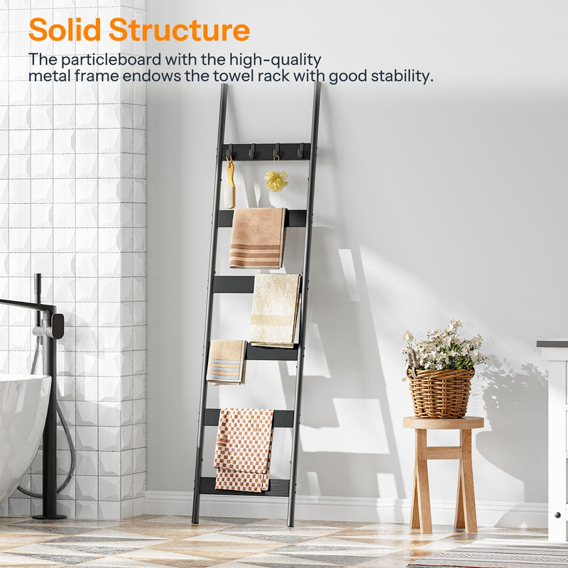 HOOBRO Blanket Ladder, 5-Tier Towel Rack with Hooks, Wall-Leaning Blanket Rack, Decorative Display Ladder Shelf, for Scarves, Industrial, Living Room, Bedroom, Rustic Brown and Black BF52CJ01