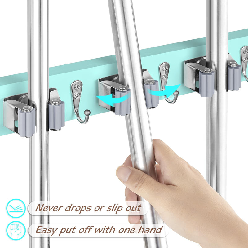 Mop and Broom Holder Wall Mount - Rustic Wood Broom Mop Hanger - Wall Mounted Garden Tool Rack Organizer for Closet Garage Laundry Room Kitchen Decor With 4 Slots & 4 Hooks
