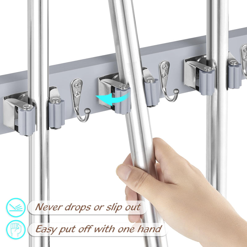 Mop and Broom Holder Wall Mount - Rustic Wood Broom Mop Hanger - Wall Mounted Garden Tool Rack Organizer for Closet Garage Laundry Room Kitchen Decor With 4 Slots & 4 Hooks