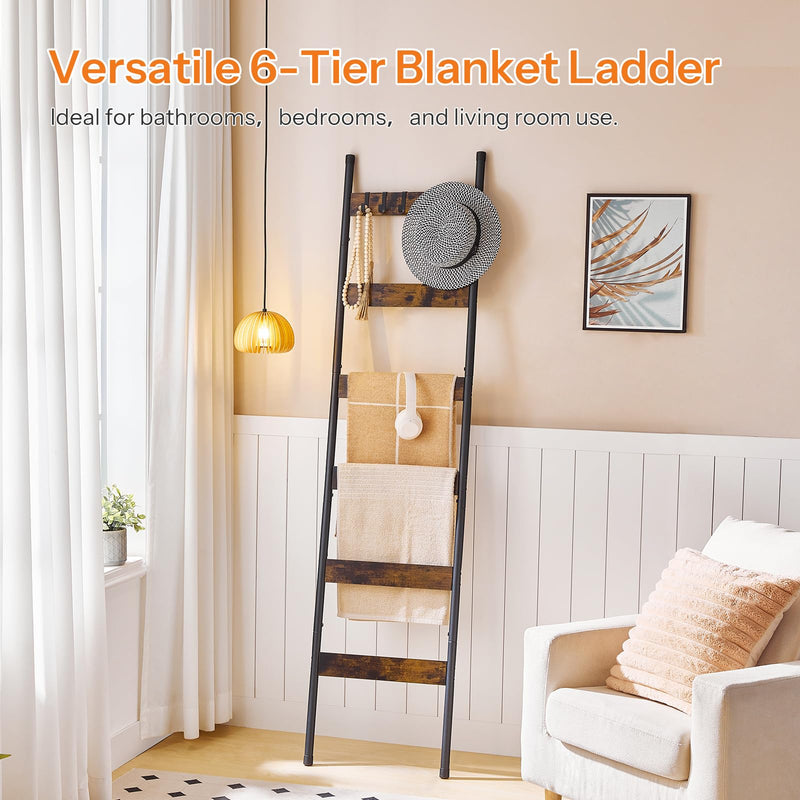 HOOBRO Blanket Ladder, 5-Tier Towel Rack with Hooks, Wall-Leaning Blanket Rack, Decorative Display Ladder Shelf, for Scarves, Industrial, Living Room, Bedroom, Rustic Brown and Black BF52CJ01