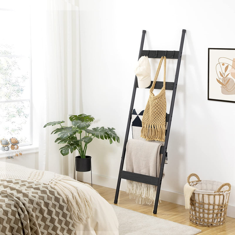HOOBRO Blanket Ladder, 5-Tier Towel Rack with Hooks, Wall-Leaning Blanket Rack, Decorative Display Ladder Shelf, for Scarves, Industrial, Living Room, Bedroom, Rustic Brown and Black BF52CJ01