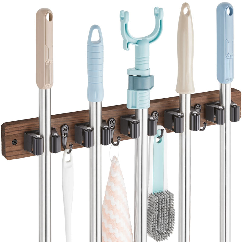 Mop and Broom Holder Wall Mount - Rustic Wood Broom Mop Hanger - Wall Mounted Garden Tool Rack Organizer for Closet Garage Laundry Room Kitchen Decor With 4 Slots & 4 Hooks