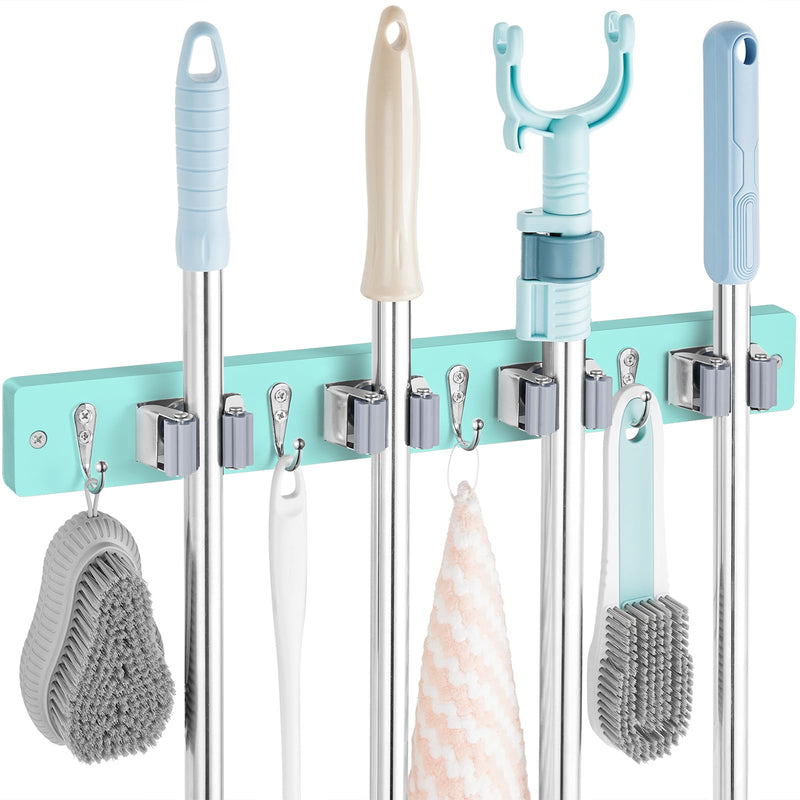 Mop and Broom Holder Wall Mount - Rustic Wood Broom Mop Hanger - Wall Mounted Garden Tool Rack Organizer for Closet Garage Laundry Room Kitchen Decor With 4 Slots & 4 Hooks