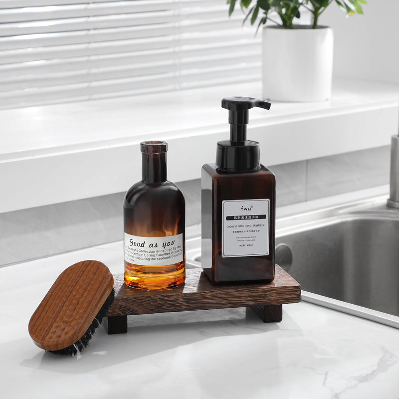 Small Wood Tray Pedestal Stand Farmhouse Bathroom Decor Decorative Wooden Riser Kitchen Soap Dish Holder for Vanity, Counter, Sink, Brown