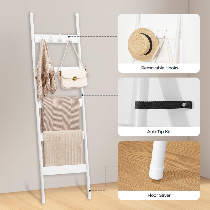 HOOBRO Blanket Ladder, 5-Tier Towel Rack with Hooks, Wall-Leaning Blanket Rack, Decorative Display Ladder Shelf, for Scarves, Industrial, Living Room, Bedroom, Rustic Brown and Black BF52CJ01