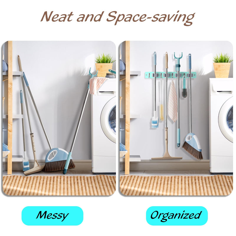 Mop and Broom Holder Wall Mount - Rustic Wood Broom Mop Hanger - Wall Mounted Garden Tool Rack Organizer for Closet Garage Laundry Room Kitchen Decor With 4 Slots & 4 Hooks
