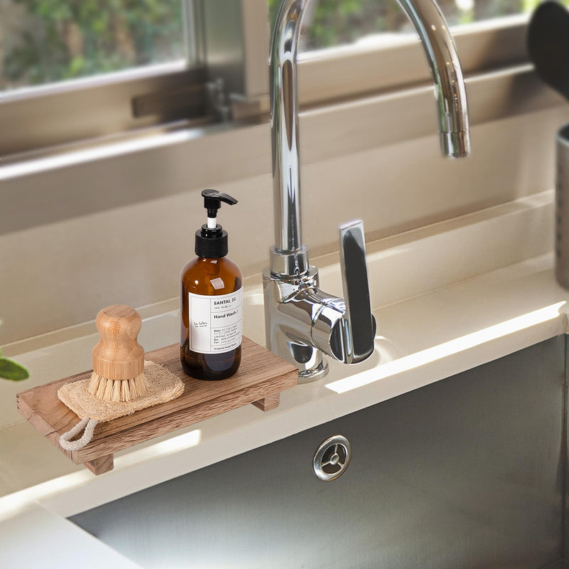 Small Wood Tray Pedestal Stand Farmhouse Bathroom Decor Decorative Wooden Riser Kitchen Soap Dish Holder for Vanity, Counter, Sink, Brown