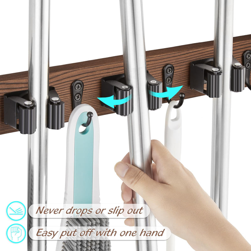 Mop and Broom Holder Wall Mount - Rustic Wood Broom Mop Hanger - Wall Mounted Garden Tool Rack Organizer for Closet Garage Laundry Room Kitchen Decor With 4 Slots & 4 Hooks