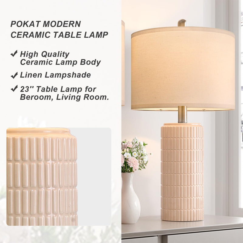 PoKat 23" Modern Ceramic Table Lamp Set of 2 for Living Room White Desk Lamps for Bedroom Farmhouse Bedside Nightstand Bedside Lamp End Table Lamps Beige