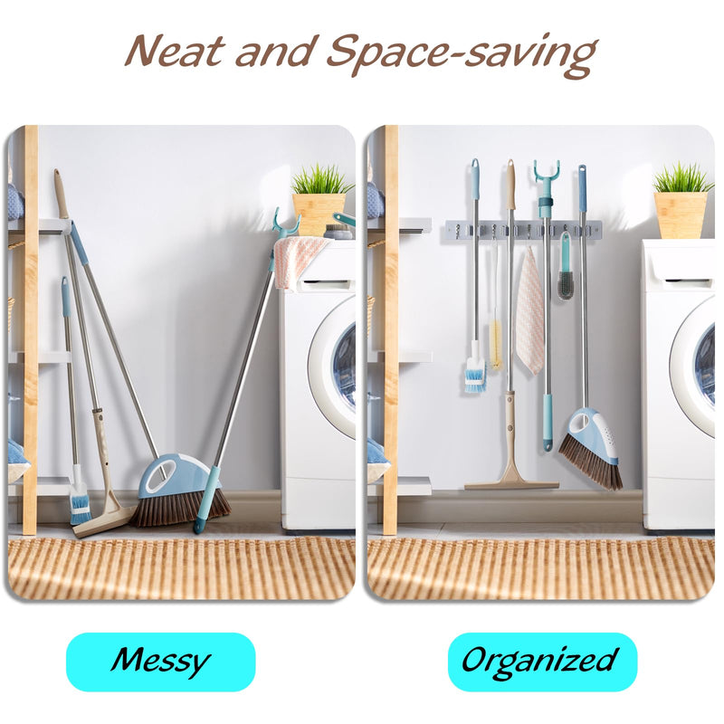 Mop and Broom Holder Wall Mount - Rustic Wood Broom Mop Hanger - Wall Mounted Garden Tool Rack Organizer for Closet Garage Laundry Room Kitchen Decor With 4 Slots & 4 Hooks