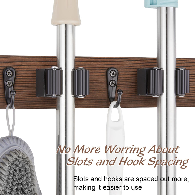Mop and Broom Holder Wall Mount - Rustic Wood Broom Mop Hanger - Wall Mounted Garden Tool Rack Organizer for Closet Garage Laundry Room Kitchen Decor With 4 Slots & 4 Hooks