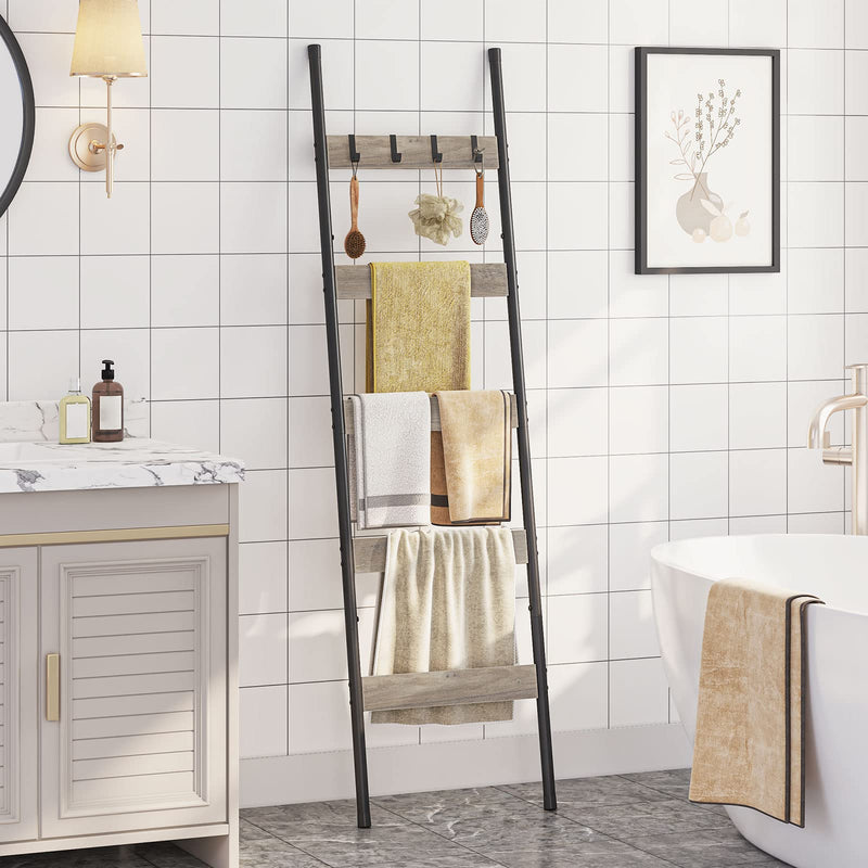 HOOBRO Blanket Ladder, 5-Tier Towel Rack with Hooks, Wall-Leaning Blanket Rack, Decorative Display Ladder Shelf, for Scarves, Industrial, Living Room, Bedroom, Rustic Brown and Black BF52CJ01