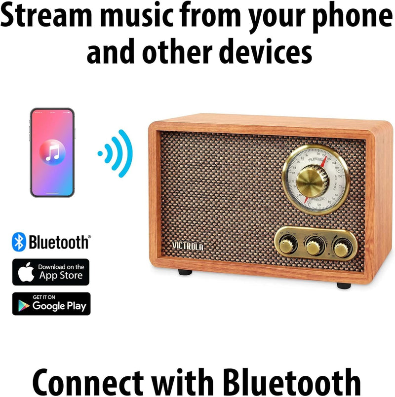 Victrola Willow – Retro Wood Bluetooth Radio with Built-in Speakers: Elegant & Vintage Design, Rotary AM/FM Tuning Dial, Bass & Treble Control, Wireless Streaming (Espresso)