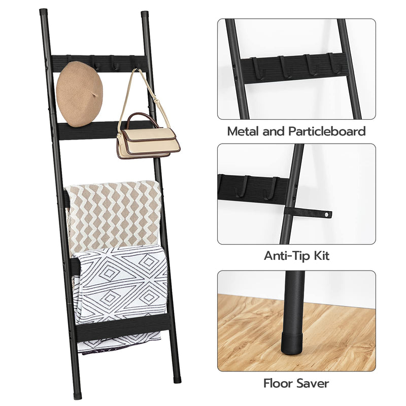 HOOBRO Blanket Ladder, 5-Tier Towel Rack with Hooks, Wall-Leaning Blanket Rack, Decorative Display Ladder Shelf, for Scarves, Industrial, Living Room, Bedroom, Rustic Brown and Black BF52CJ01