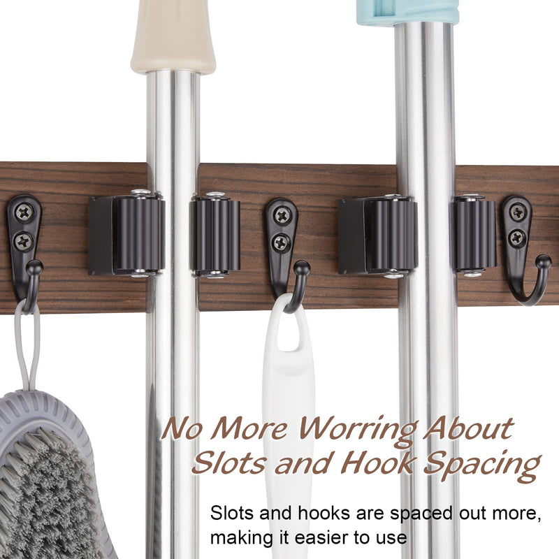 Mop and Broom Holder Wall Mount - Rustic Wood Broom Mop Hanger - Wall Mounted Garden Tool Rack Organizer for Closet Garage Laundry Room Kitchen Decor With 4 Slots & 4 Hooks