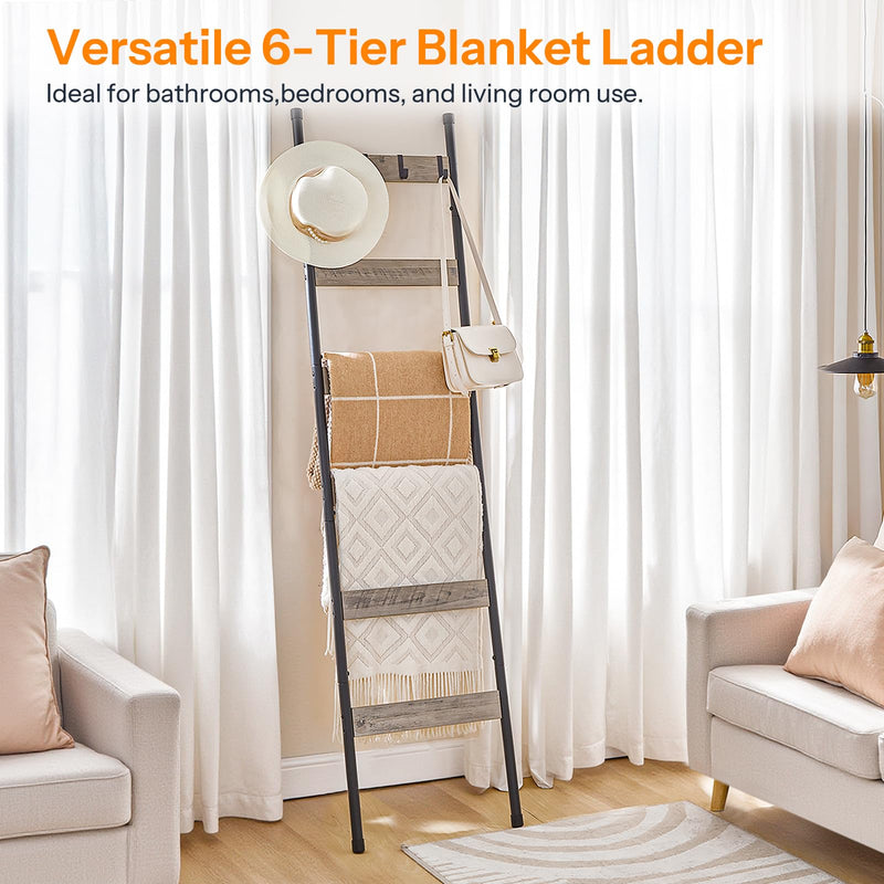 HOOBRO Blanket Ladder, 5-Tier Towel Rack with Hooks, Wall-Leaning Blanket Rack, Decorative Display Ladder Shelf, for Scarves, Industrial, Living Room, Bedroom, Rustic Brown and Black BF52CJ01