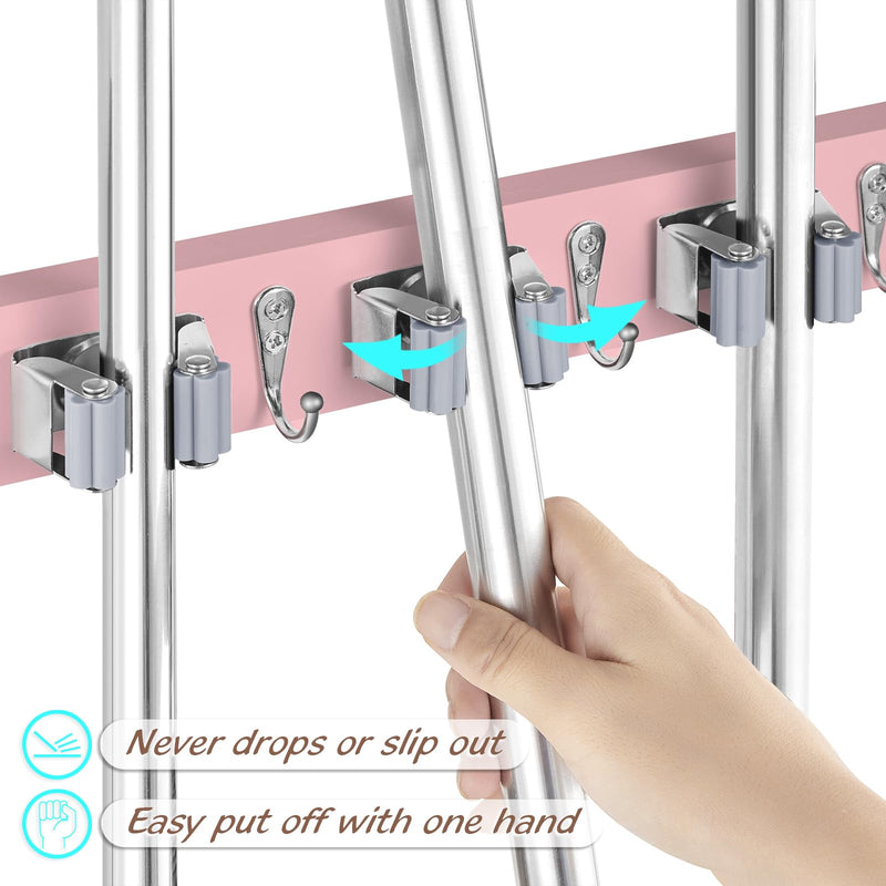 Mop and Broom Holder Wall Mount - Rustic Wood Broom Mop Hanger - Wall Mounted Garden Tool Rack Organizer for Closet Garage Laundry Room Kitchen Decor With 4 Slots & 4 Hooks
