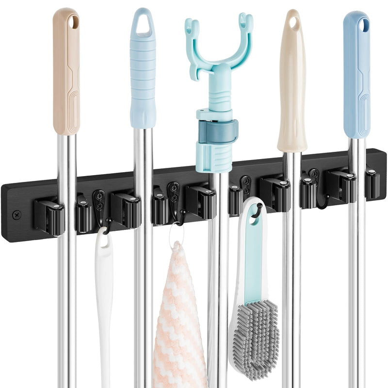 Mop and Broom Holder Wall Mount - Rustic Wood Broom Mop Hanger - Wall Mounted Garden Tool Rack Organizer for Closet Garage Laundry Room Kitchen Decor With 4 Slots & 4 Hooks