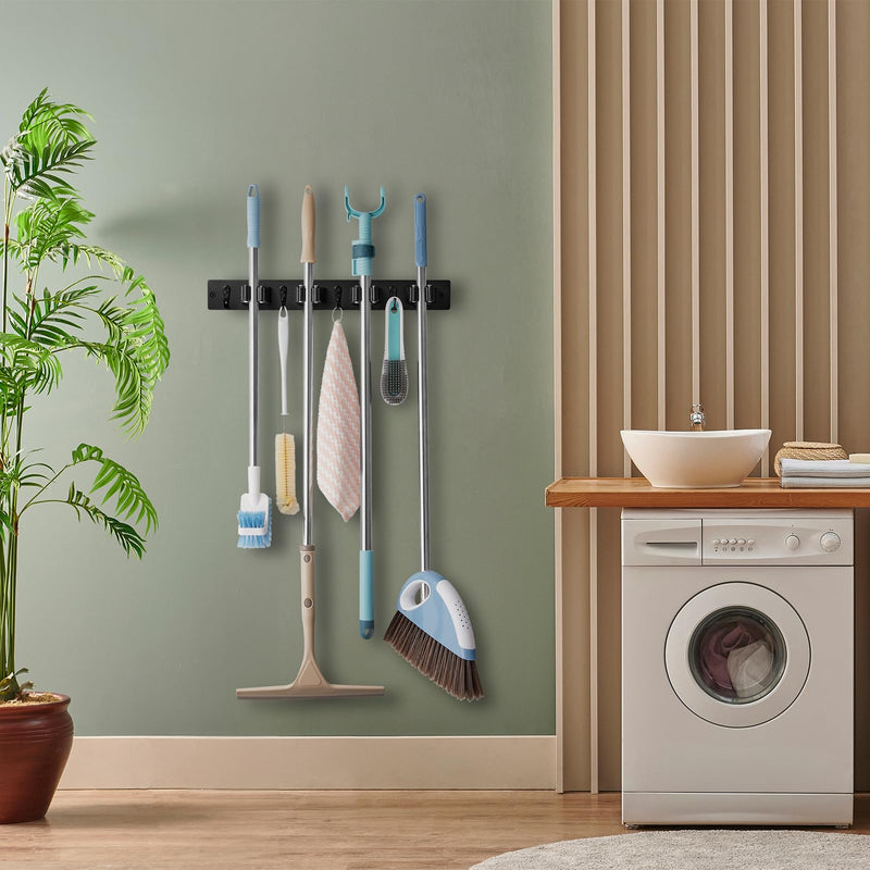 Mop and Broom Holder Wall Mount - Rustic Wood Broom Mop Hanger - Wall Mounted Garden Tool Rack Organizer for Closet Garage Laundry Room Kitchen Decor With 4 Slots & 4 Hooks